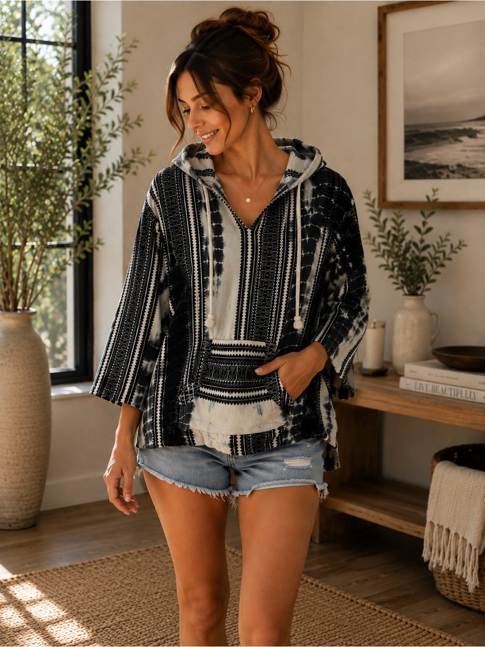 Green & White Hooded Pullover Sweater